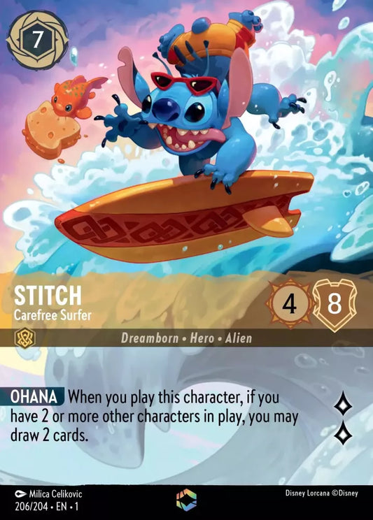 Lorcana The First Chapter 206/204 Stitch Carefree Surfer Enchanted Rare
