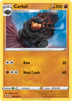 SWSH Rebel Clash 106/192 Carkoal Reverse Holo